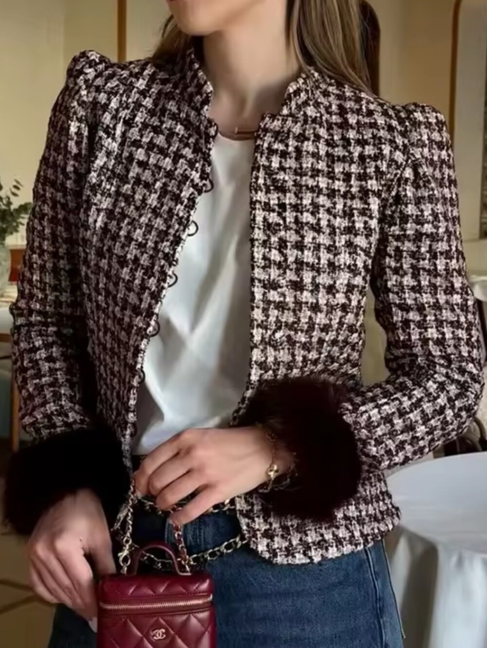 Houndstooth Tweed Blazer with Faux Fur Cuffs